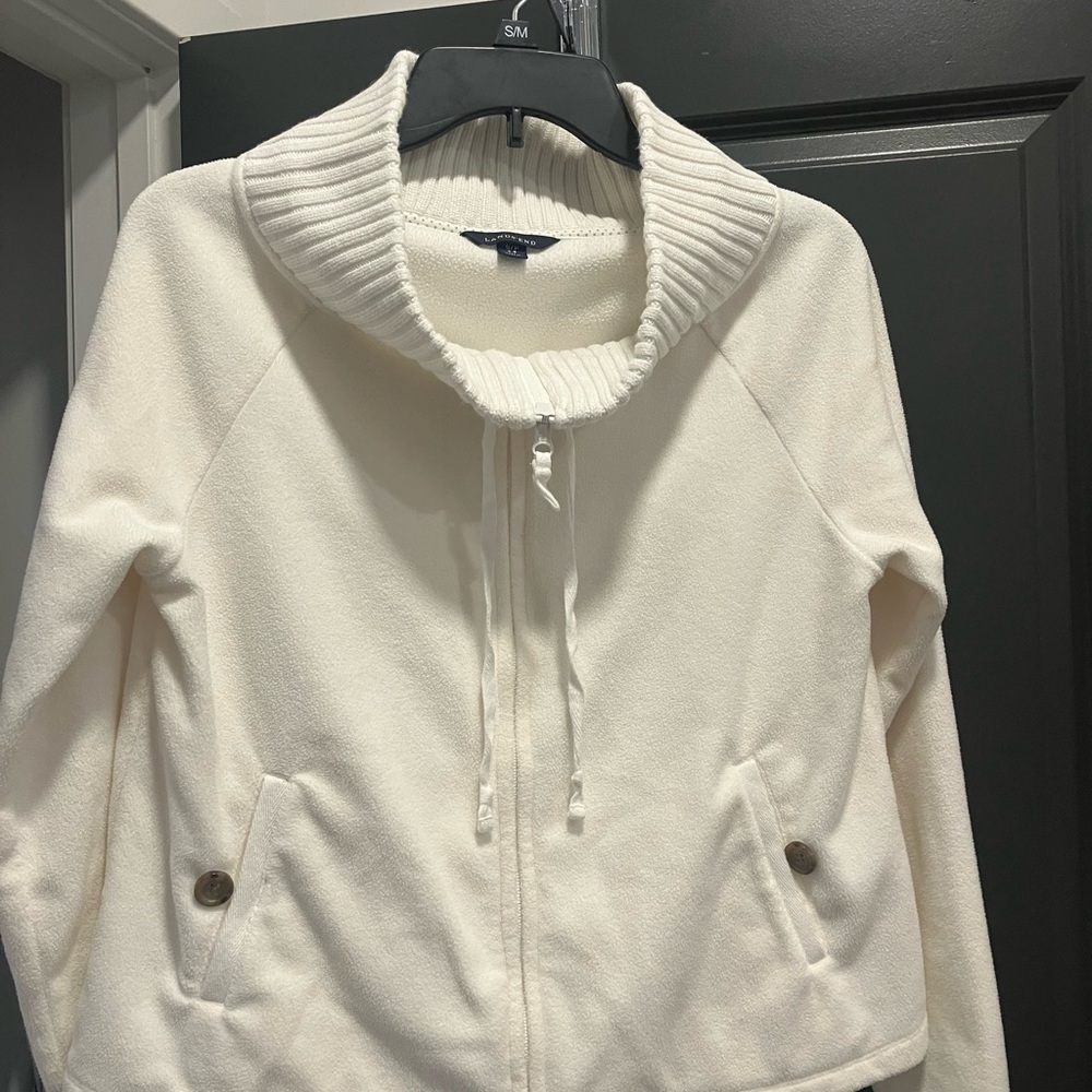 Lands' End Cream Zip-Up Teddy Jacket with Ribbed Funnel Collar